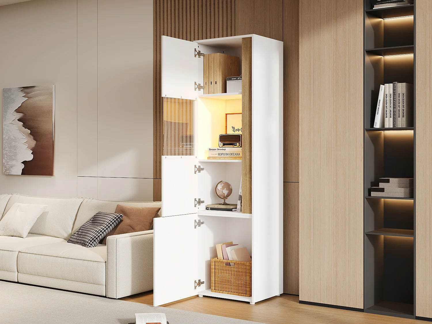 Moderner, hoher Vitrinenschrank – 50 x 40 x 179 cm – mit LEDs und 4 Türen – für Wohnzimmer/Büro – Acryl + Spanplatte – Weiß und Natur