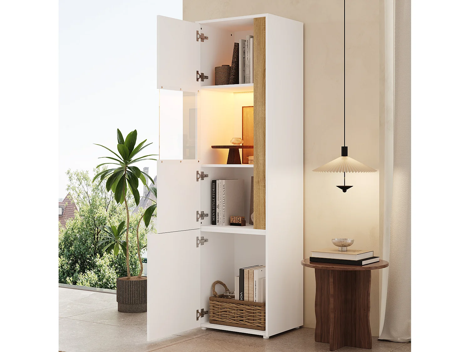 Moderner, hoher Vitrinenschrank – 50 x 40 x 179 cm – mit LEDs und 4 Türen – für Wohnzimmer/Büro – Acryl + Spanplatte – Weiß und Natur
