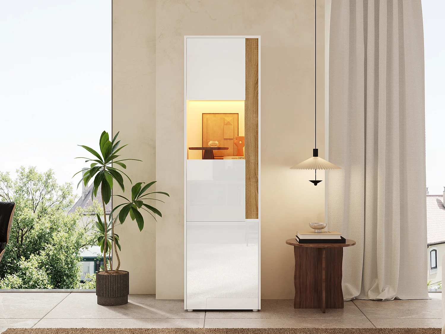 Moderner, hoher Vitrinenschrank – 50 x 40 x 179 cm – mit LEDs und 4 Türen – für Wohnzimmer/Büro – Acryl + Spanplatte – Weiß und Natur