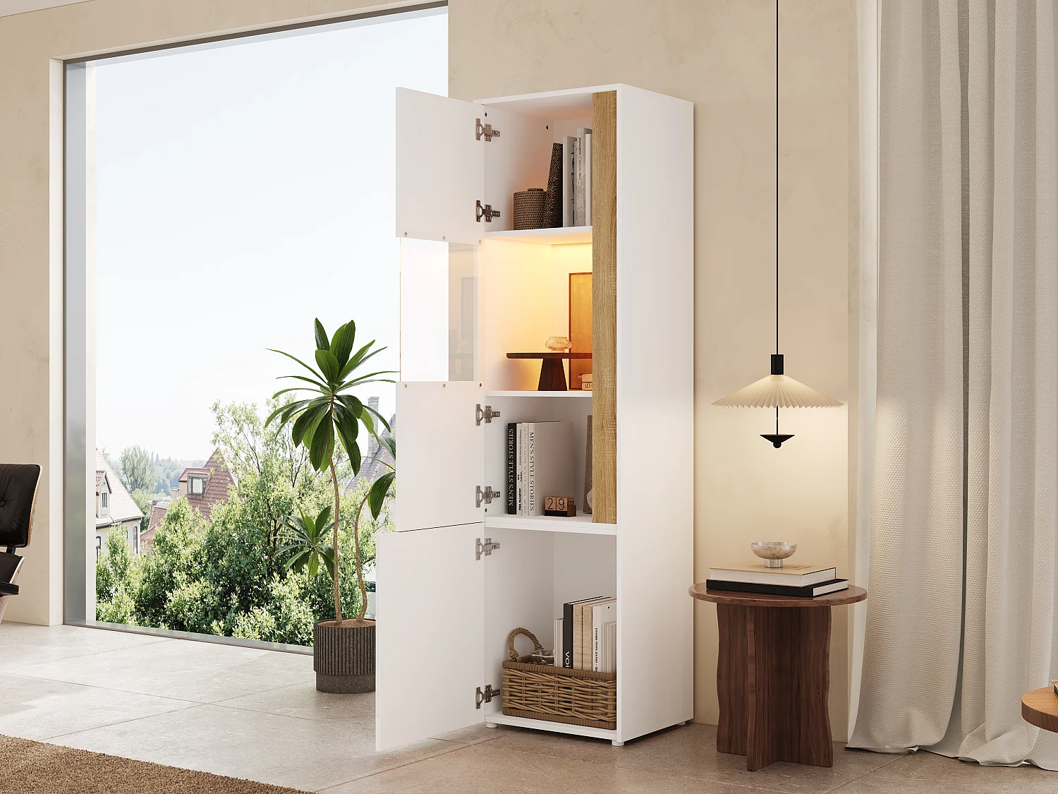 Moderner, hoher Vitrinenschrank – 50 x 40 x 179 cm – mit LEDs und 4 Türen – für Wohnzimmer/Büro – Acryl + Spanplatte – Weiß und Natur