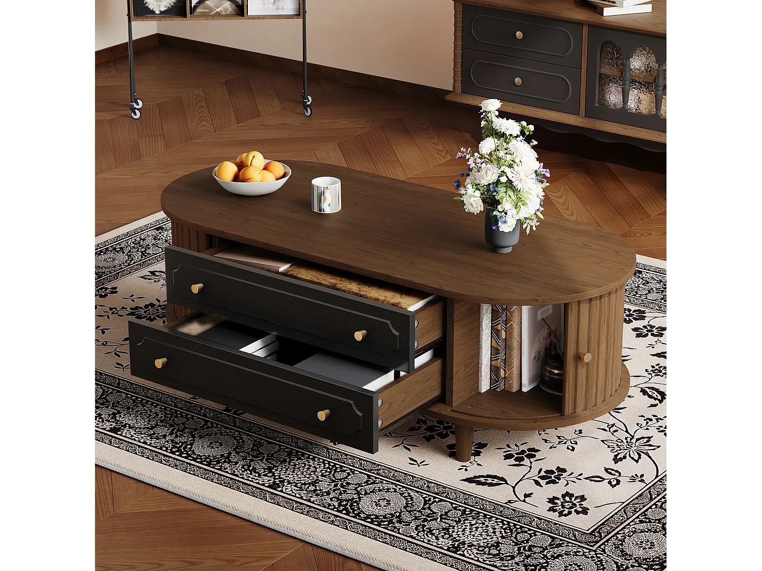 Couchtisch in Walnussoptik – 100 x 50 x 36 cm – mit 2 Schubladen und Rolltür – Spanplatte – braun