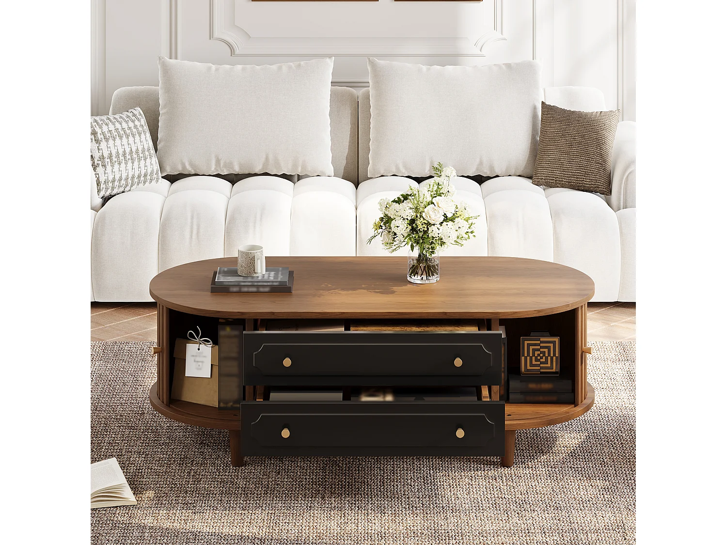 Couchtisch in Walnussoptik – 100 x 50 x 36 cm – mit 2 Schubladen und Rolltür – Spanplatte – braun