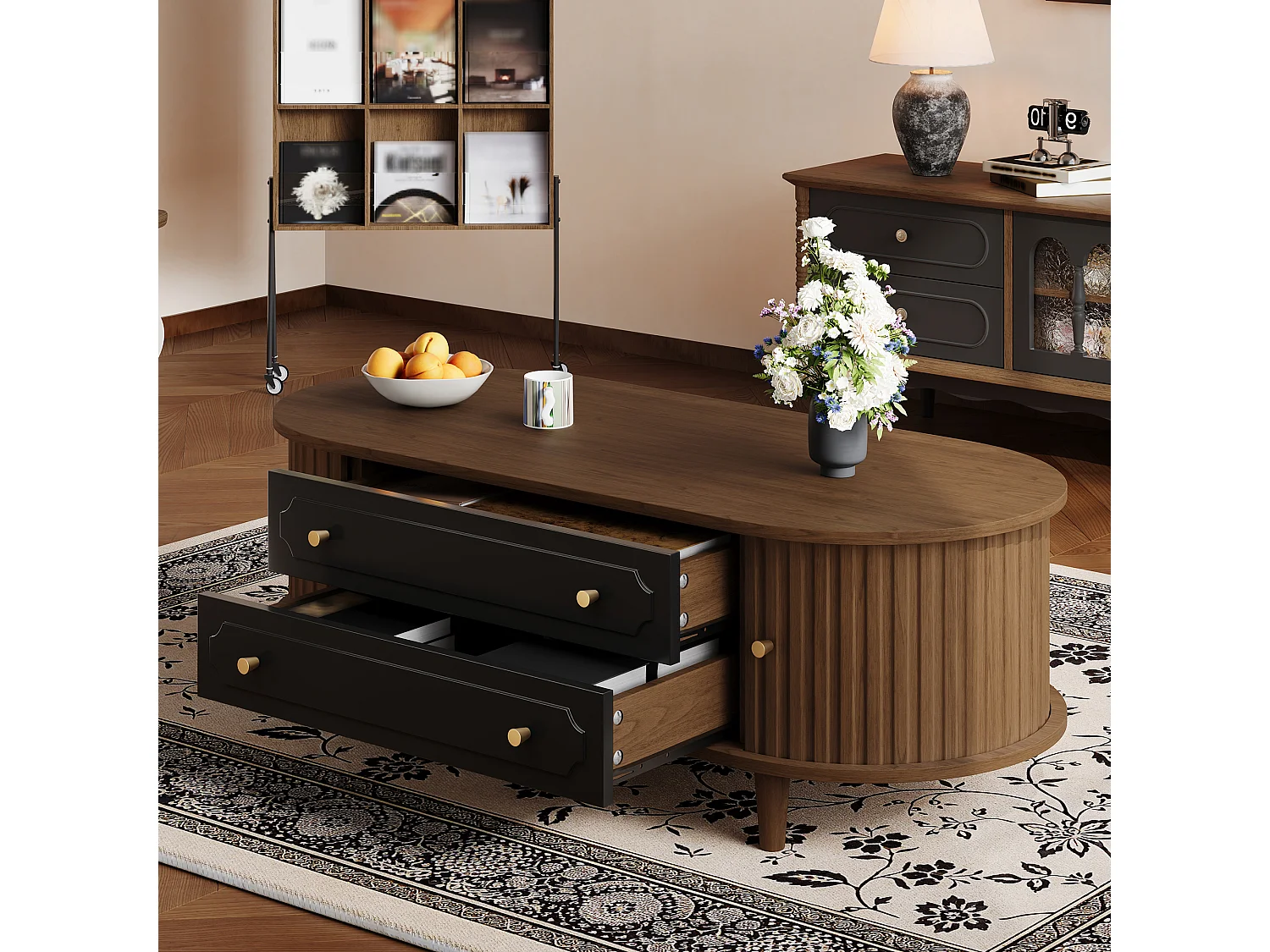 Couchtisch in Walnussoptik – 100 x 50 x 36 cm – mit 2 Schubladen und Rolltür – Spanplatte – braun