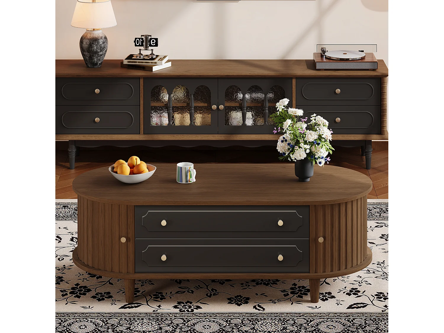 Couchtisch in Walnussoptik – 100 x 50 x 36 cm – mit 2 Schubladen und Rolltür – Spanplatte – braun