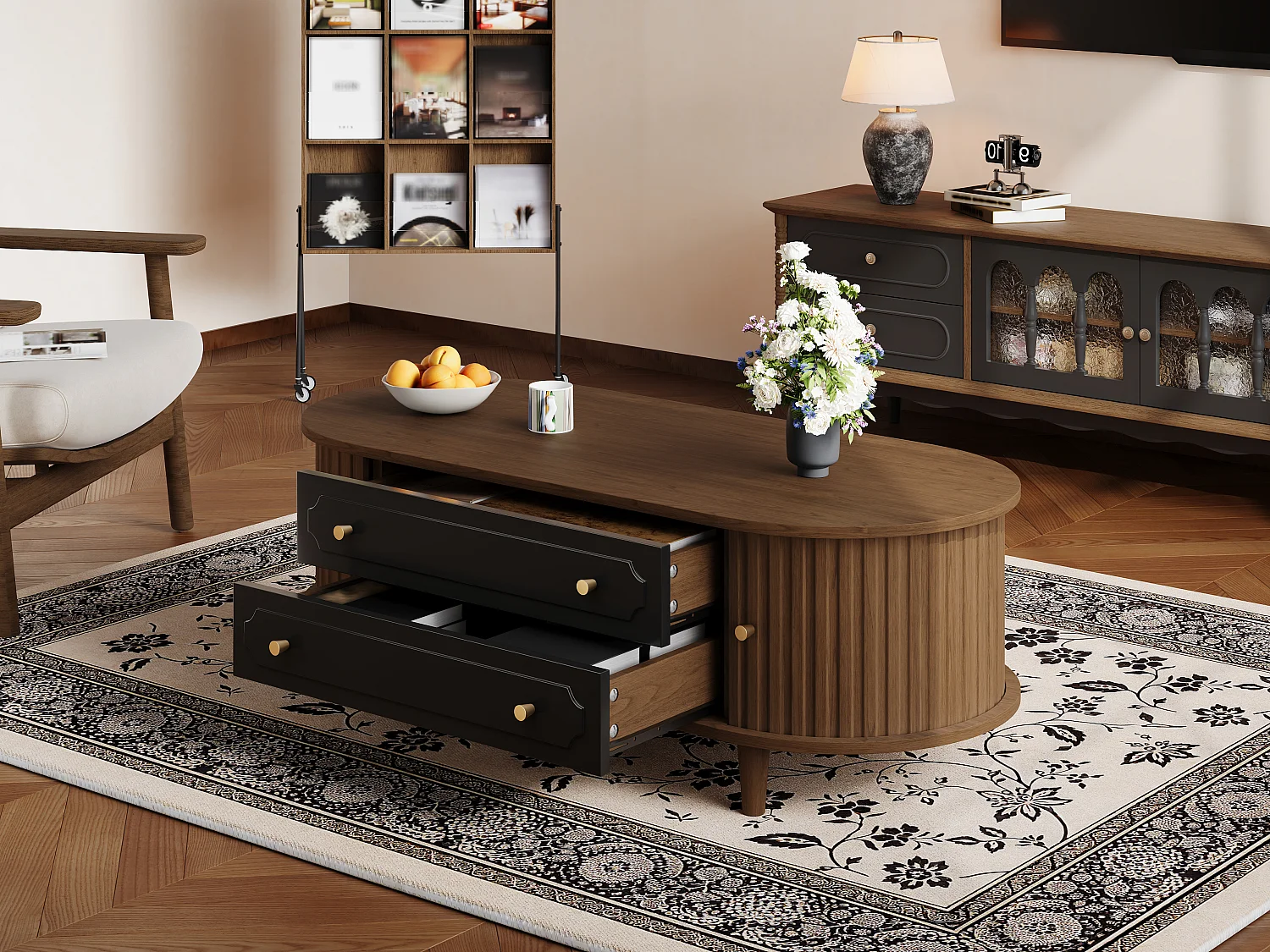 Couchtisch in Walnussoptik – 100 x 50 x 36 cm – mit 2 Schubladen und Rolltür – Spanplatte – braun