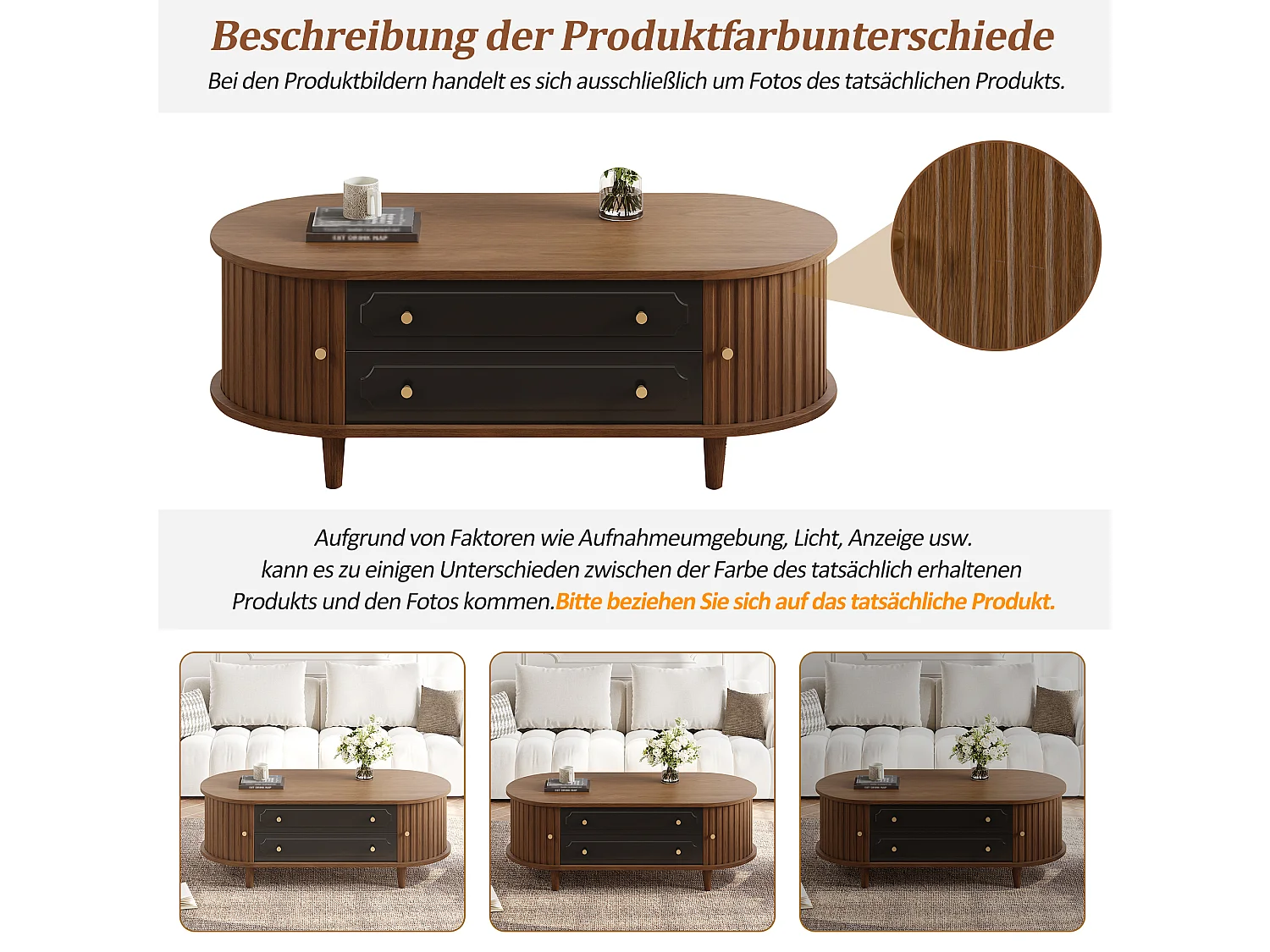 Couchtisch in Walnussoptik – 100 x 50 x 36 cm – mit 2 Schubladen und Rolltür – Spanplatte – braun