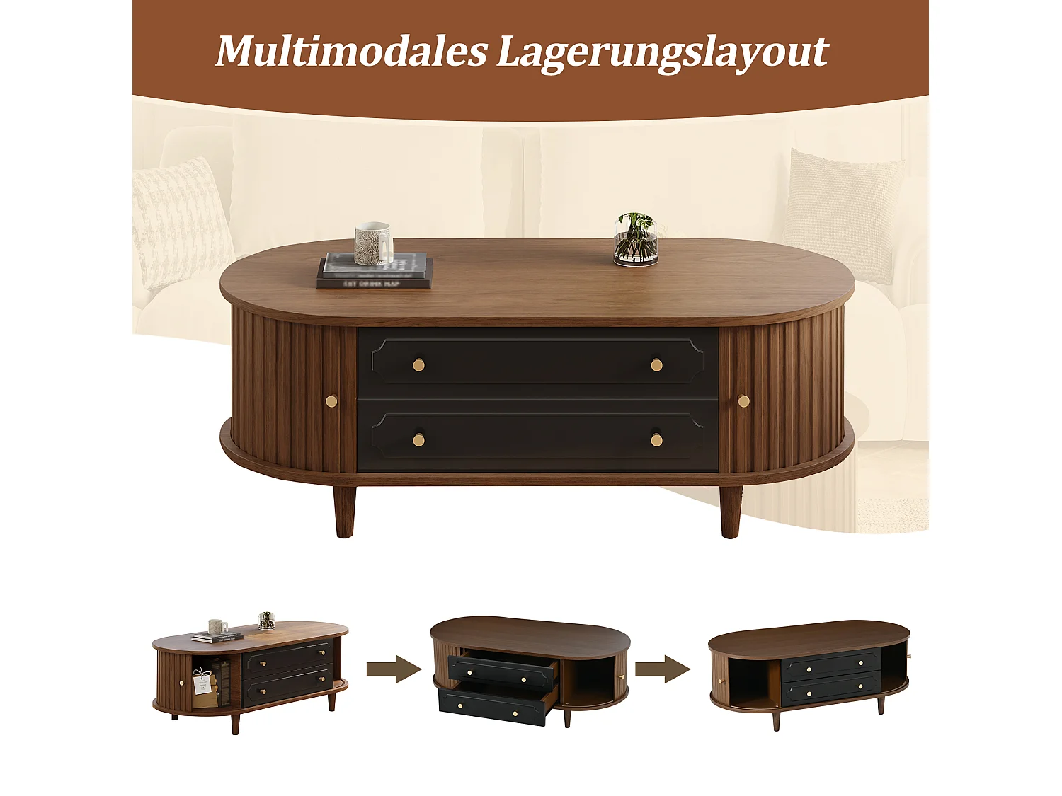 Couchtisch in Walnussoptik – 100 x 50 x 36 cm – mit 2 Schubladen und Rolltür – Spanplatte – braun