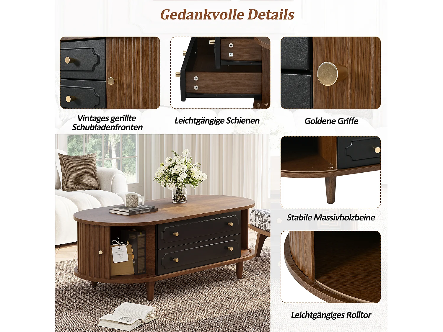 Couchtisch in Walnussoptik – 100 x 50 x 36 cm – mit 2 Schubladen und Rolltür – Spanplatte – braun