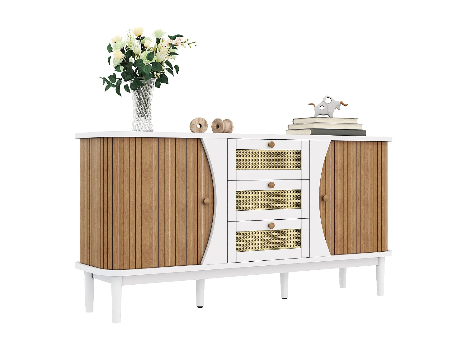Buffet bas avec 2 portes coulissantes + 3 tiroirs en rotin - 140.5 x 40 x 76 - aggloméré - Blanc + naturel
