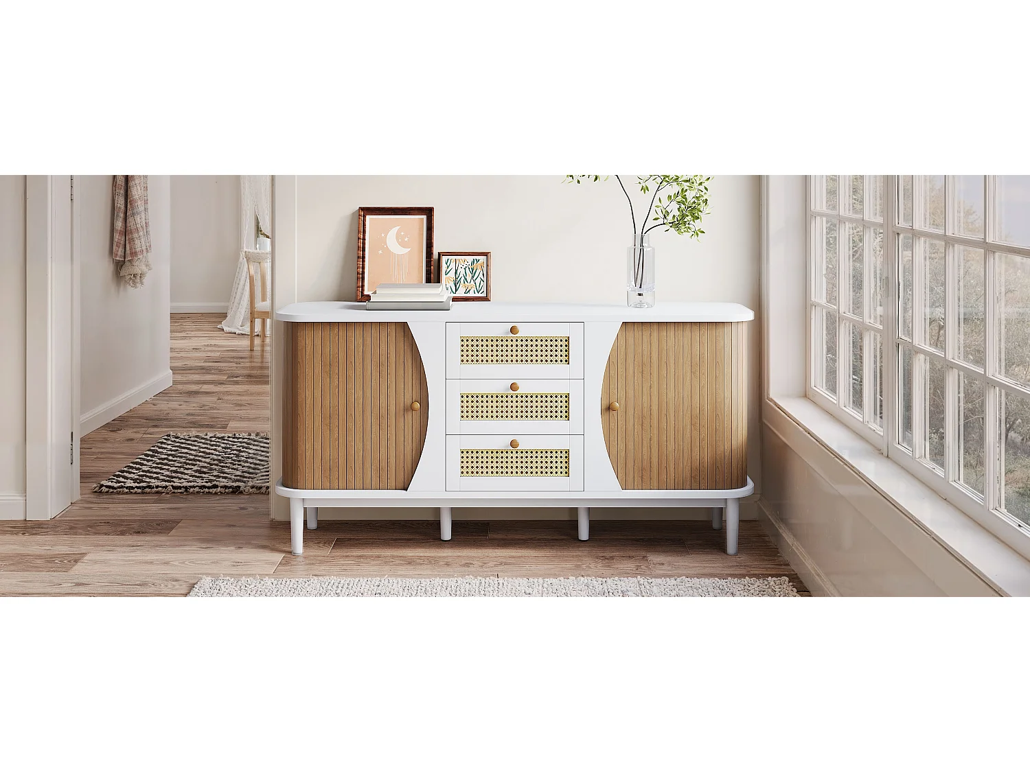 Buffet bas avec 2 portes coulissantes + 3 tiroirs en rotin - 140.5 x 40 x 76 - aggloméré - Blanc + naturel