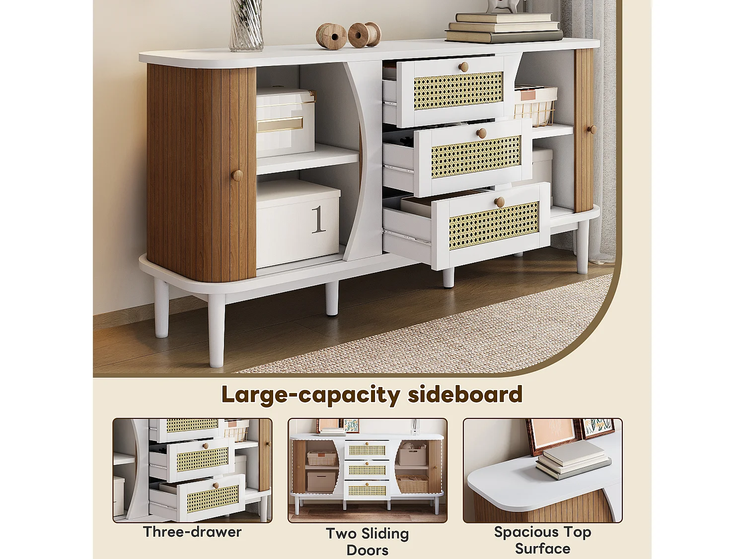 Buffet bas avec 2 portes coulissantes + 3 tiroirs en rotin - 140.5 x 40 x 76 - aggloméré - Blanc + naturel