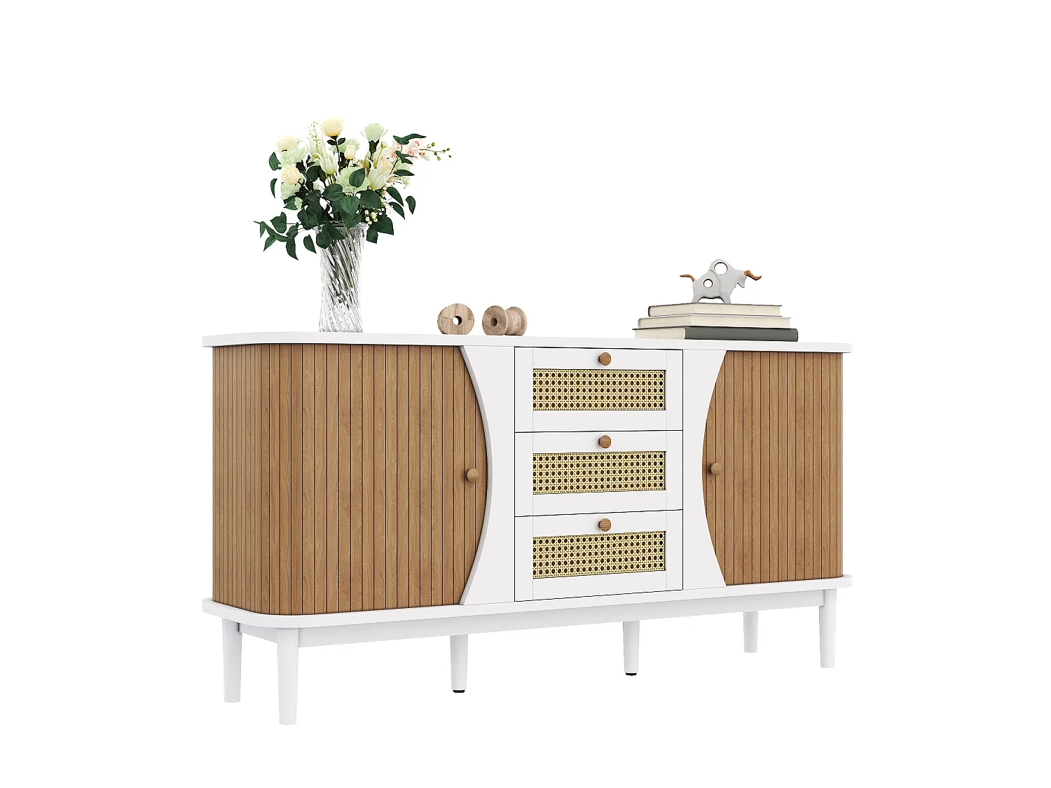 Lav skænk med 2 skydelåger + 3 skuffer i rattan - 140,5 x 40 x 76 cm - spånplade - Hvid + natur