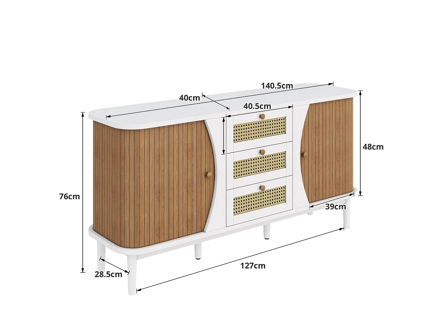 Lav skænk med 2 skydelåger + 3 skuffer i rattan - 140,5 x 40 x 76 cm - spånplade - Hvid + natur