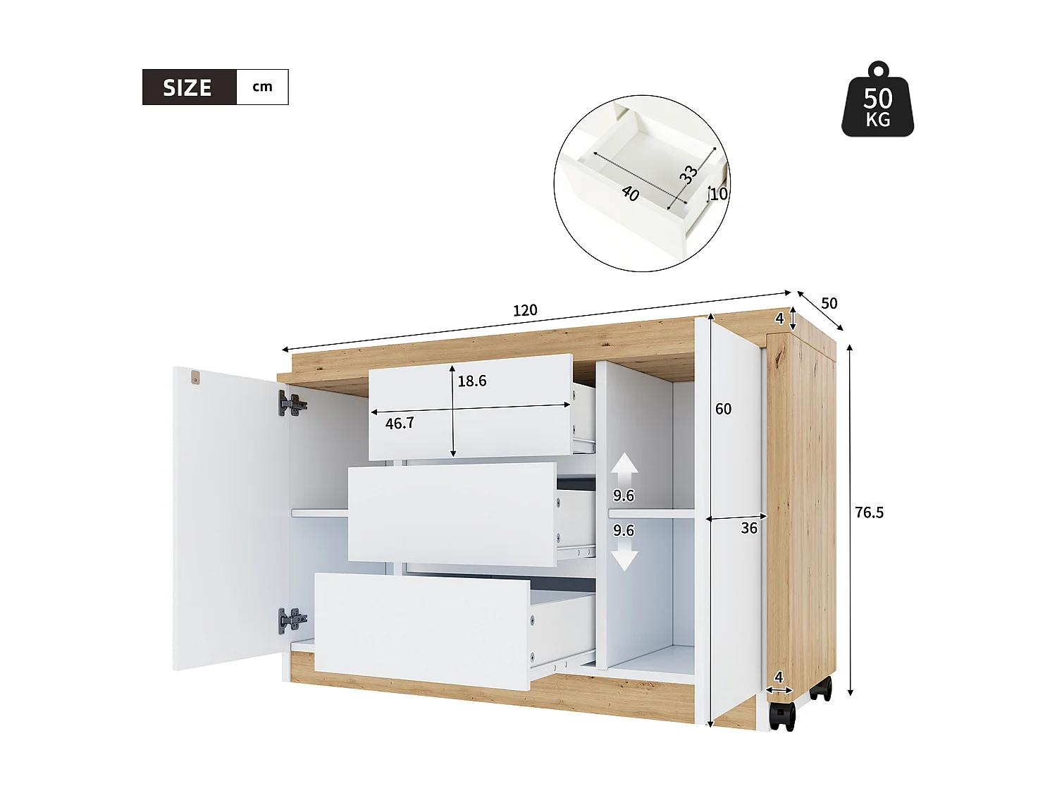 Bureau et buffet 2 en 1 - 120 x 50 x 76.5 cm - rotatif - avec 3 tiroirs + 2 portes + bureau pliable - aggloméré - blanc + naturel