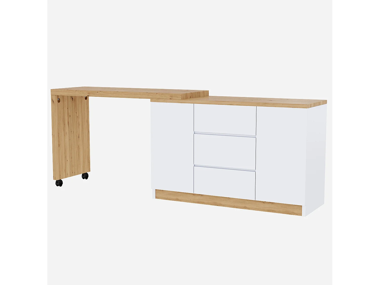 Bureau et buffet 2 en 1 - 120 x 50 x 76.5 cm - rotatif - avec 3 tiroirs + 2 portes + bureau pliable - aggloméré - blanc + naturel
