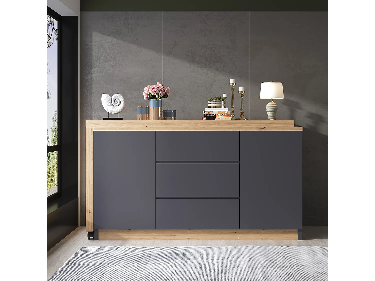 Bureau et buffet 2 en 1 - 120 x 50 x 76.5 cm - rotatif - avec 3 tiroirs + 2 portes + bureau pliable - aggloméré - girs + naturel