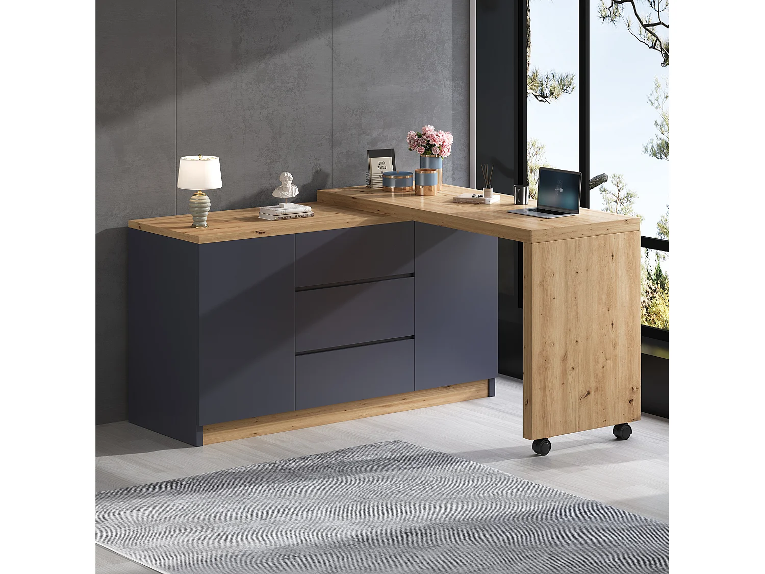 Bureau et buffet 2 en 1 - 120 x 50 x 76.5 cm - rotatif - avec 3 tiroirs + 2 portes + bureau pliable - aggloméré - girs + naturel