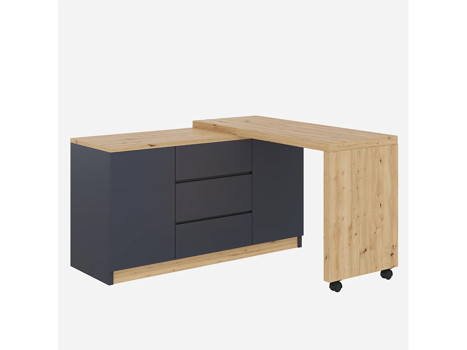 Bureau et buffet 2 en 1 - 120 x 50 x 76.5 cm - rotatif - avec 3 tiroirs + 2 portes + bureau pliable - aggloméré - girs + naturel