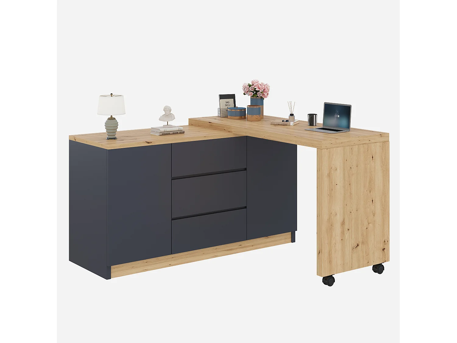 Bureau et buffet 2 en 1 - 120 x 50 x 76.5 cm - rotatif - avec 3 tiroirs + 2 portes + bureau pliable - aggloméré - girs + naturel