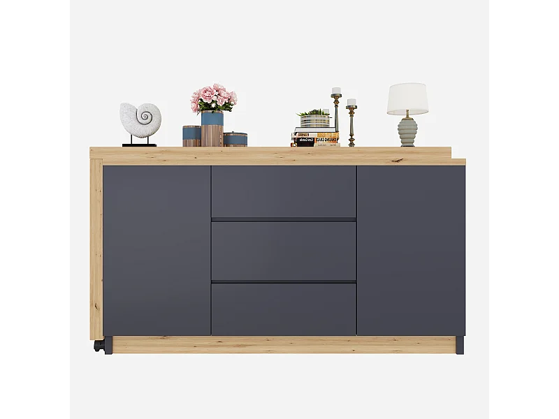 Bureau et buffet 2 en 1 - 120 x 50 x 76.5 cm - rotatif - avec 3 tiroirs + 2 portes + bureau pliable - aggloméré - girs + naturel