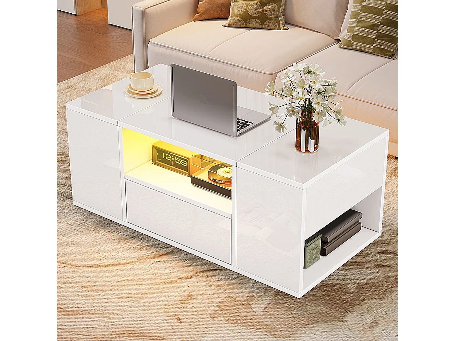 Tavolino da caffè laccato lucido - 100 x 50 x 40 cm - con 1 cassetto + LED + 6 vani portaoggetti - truciolare - bianco