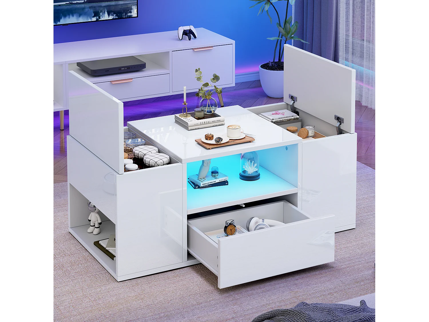 Tavolino da caffè laccato lucido - 100 x 50 x 40 cm - con 1 cassetto + LED + 6 vani portaoggetti - truciolare - bianco