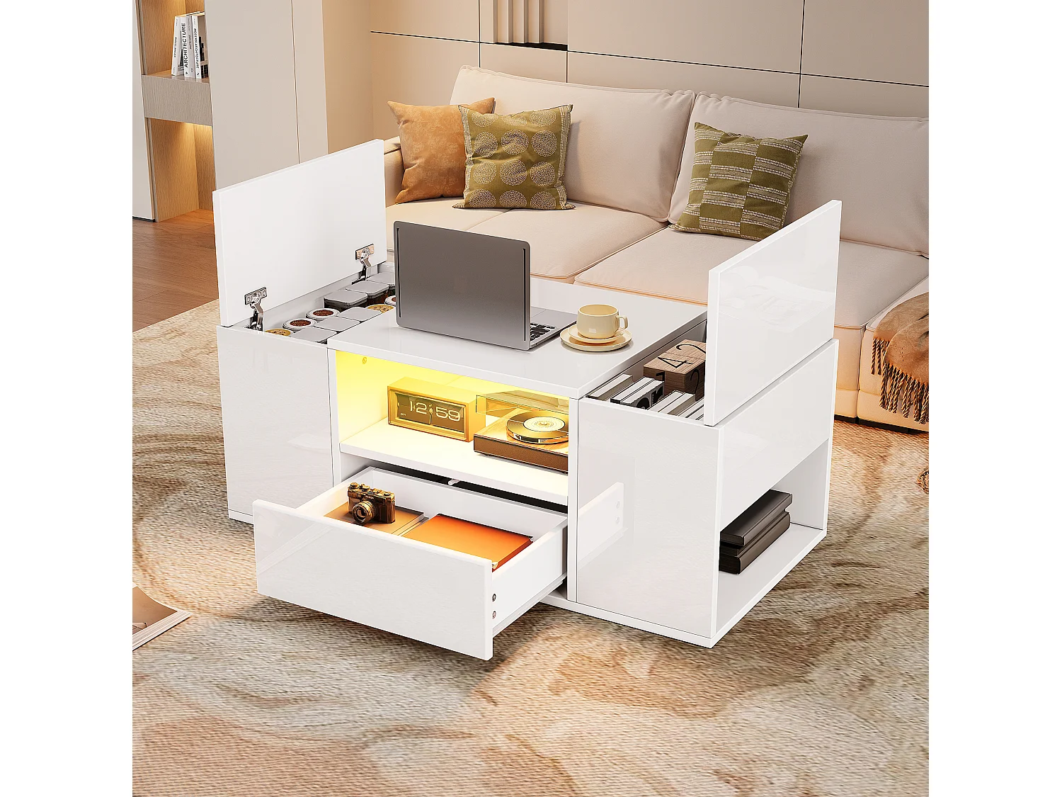 Tavolino da caffè laccato lucido - 100 x 50 x 40 cm - con 1 cassetto + LED + 6 vani portaoggetti - truciolare - bianco