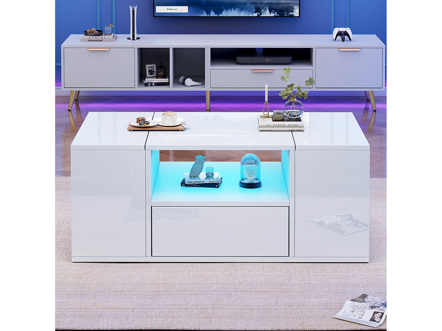 Tavolino da caffè laccato lucido - 100 x 50 x 40 cm - con 1 cassetto + LED + 6 vani portaoggetti - truciolare - bianco