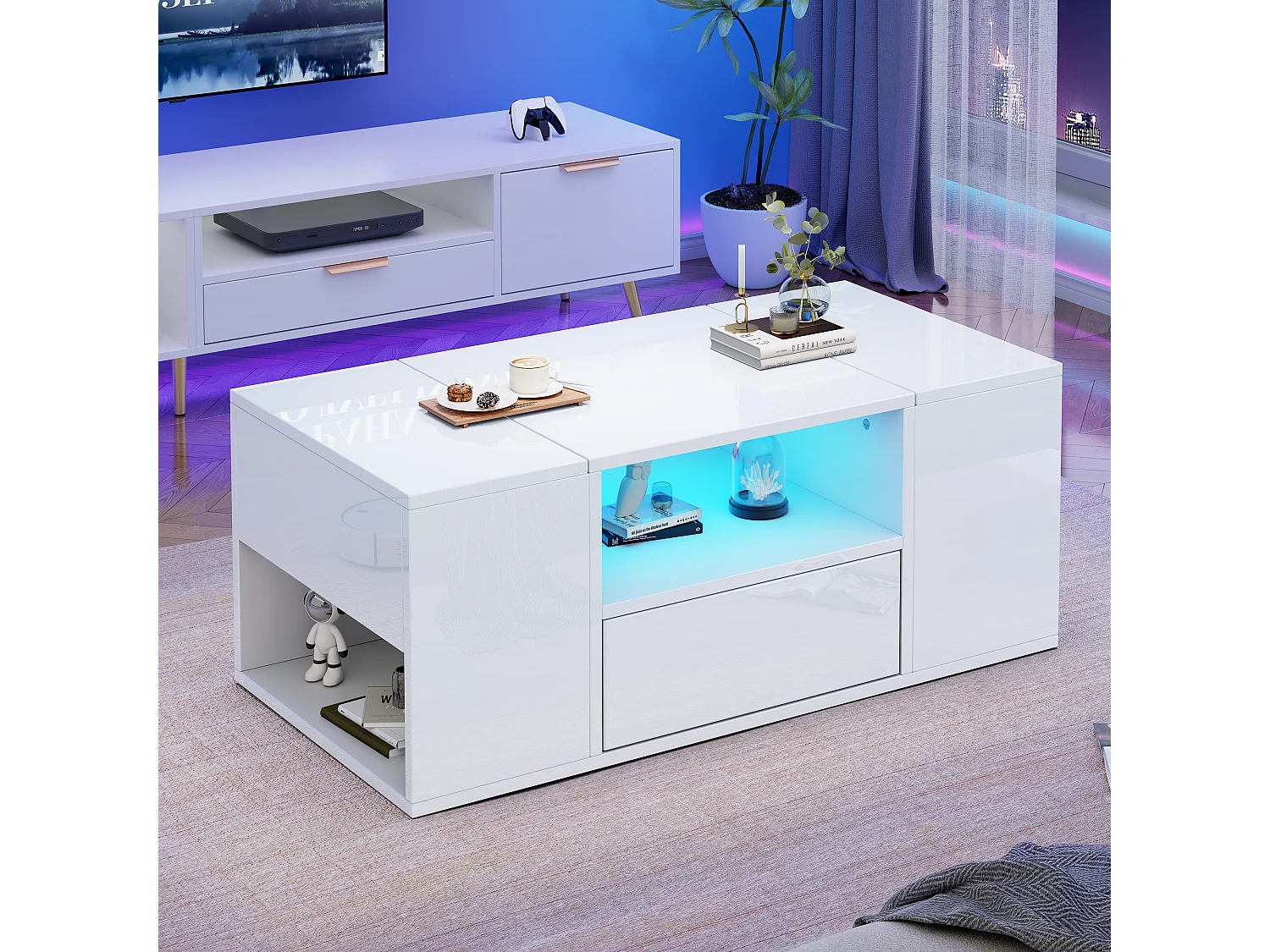 Tavolino da caffè laccato lucido - 100 x 50 x 40 cm - con 1 cassetto + LED + 6 vani portaoggetti - truciolare - bianco