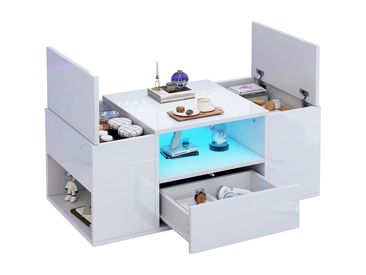 Tavolino da caffè laccato lucido - 100 x 50 x 40 cm - con 1 cassetto + LED + 6 vani portaoggetti - truciolare - bianco