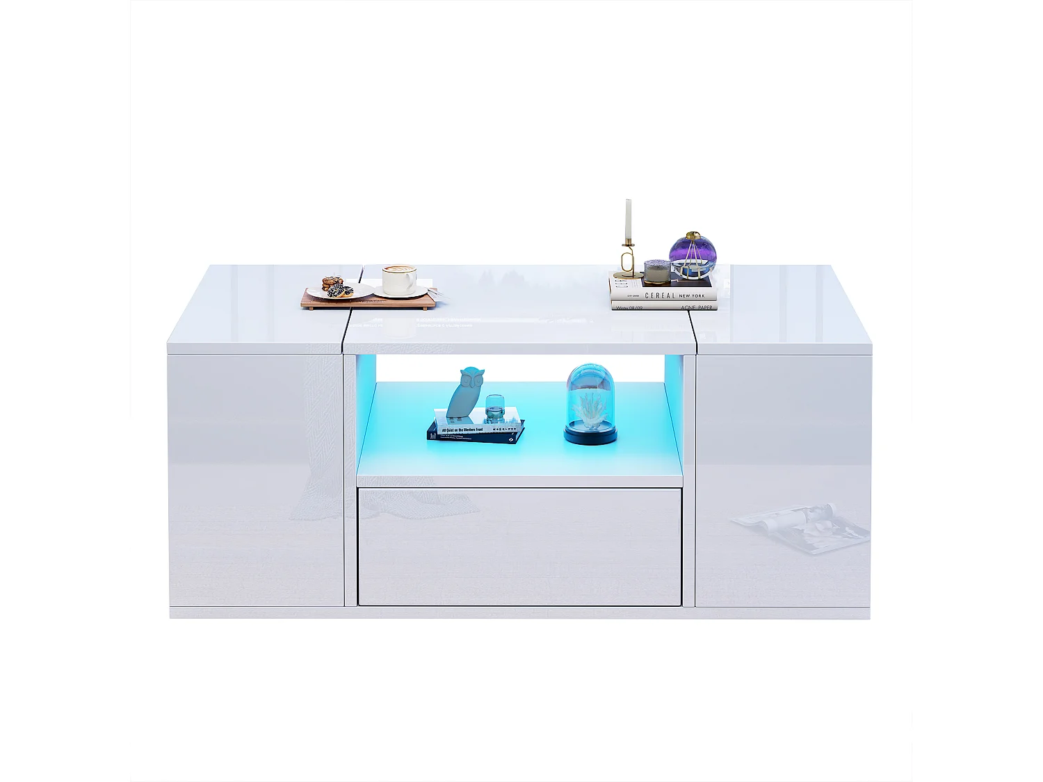 Tavolino da caffè laccato lucido - 100 x 50 x 40 cm - con 1 cassetto + LED + 6 vani portaoggetti - truciolare - bianco