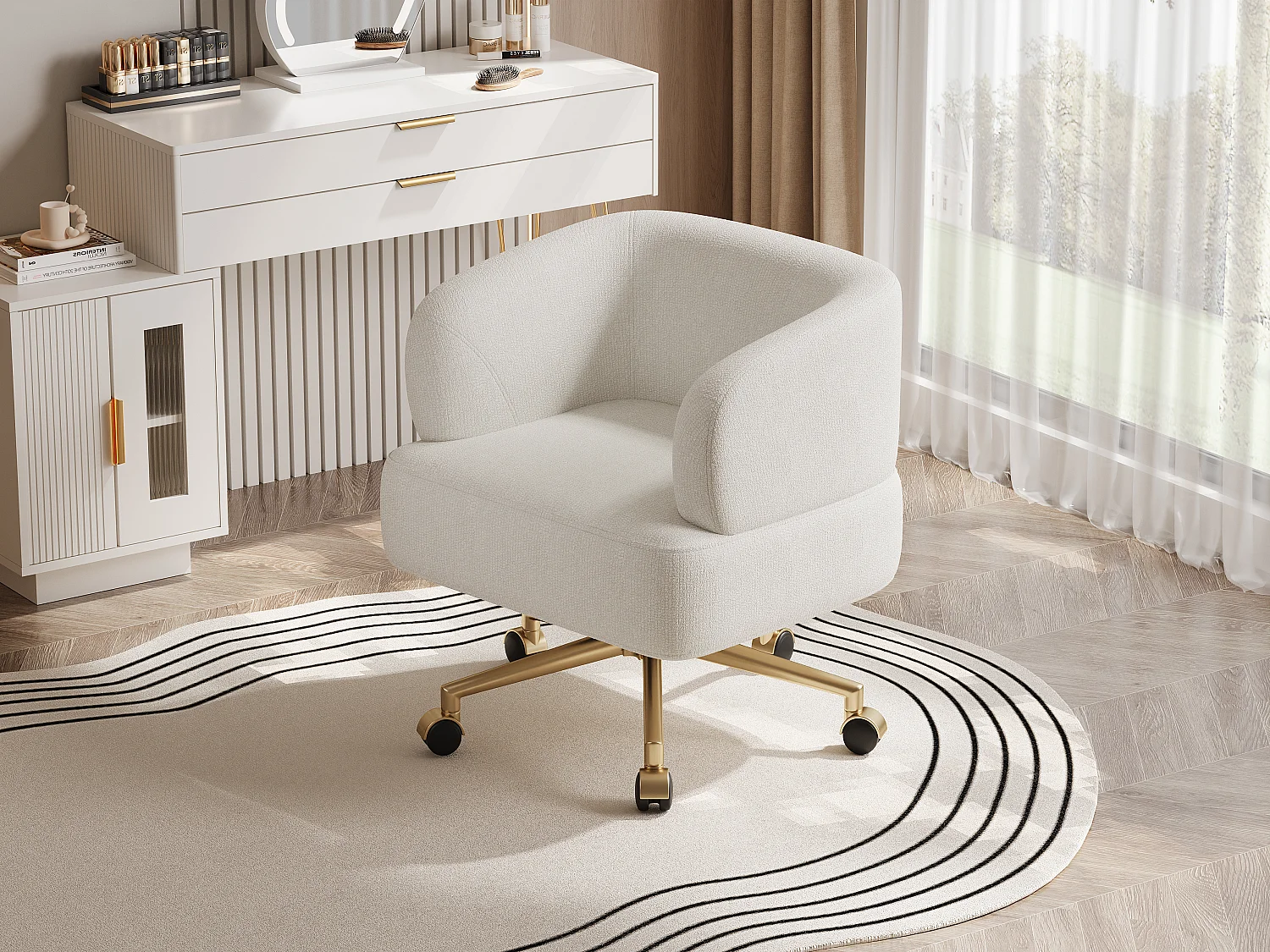 Fauteuil de détente pivotant - 71 x 60 x 71 cm - avec 5 roulettes - rotation à 360°- chenille - beige