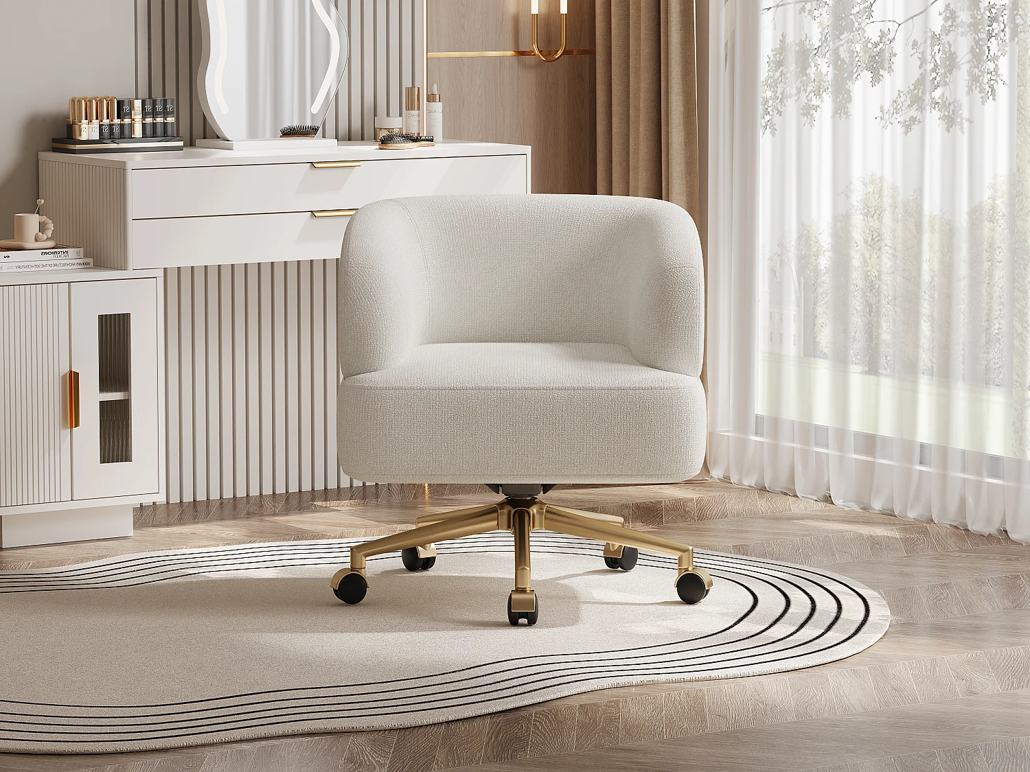 Fauteuil de détente pivotant - 71 x 60 x 71 cm - avec 5 roulettes - rotation à 360°- chenille - beige