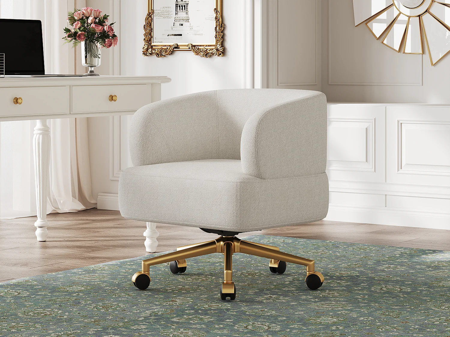 Fauteuil de détente pivotant - 71 x 60 x 71 cm - avec 5 roulettes - rotation à 360°- chenille - beige