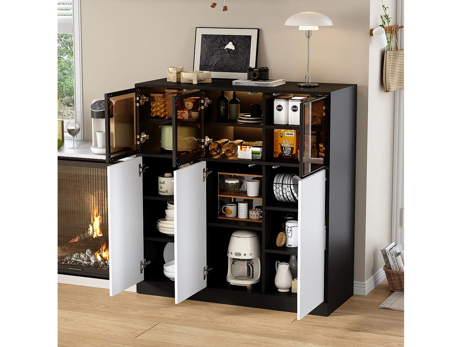 Buffet de cuisine pour salon - 100 x 40 x 105 cm - avec Leds + 3 portes vitrées + 3 portes bois - verre + aggloméré - noir + blanc