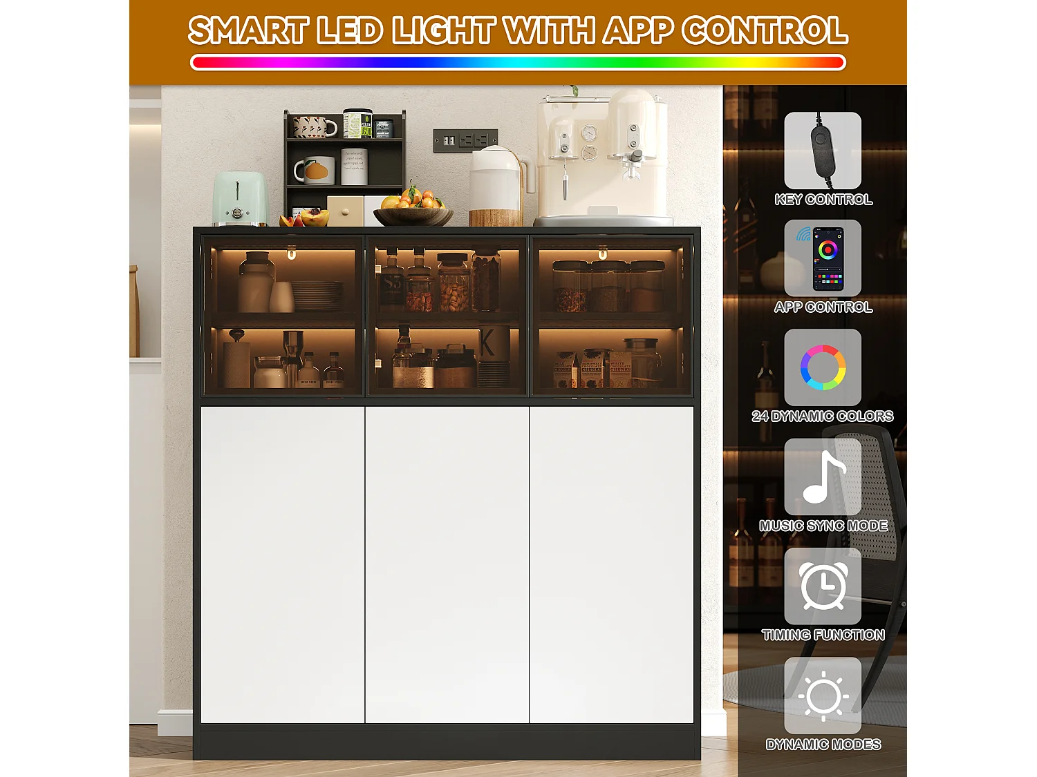 Buffet de cuisine pour salon - 100 x 40 x 105 cm - avec Leds + 3 portes vitrées + 3 portes bois - verre + aggloméré - noir + blanc