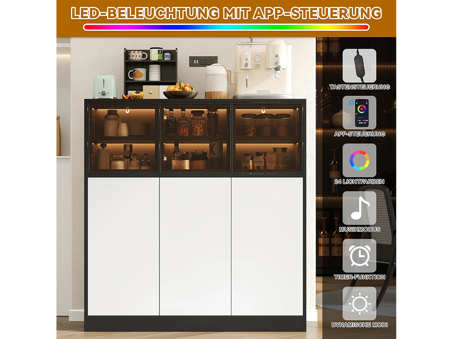 Buffet de cuisine pour salon - 100 x 40 x 105 cm - avec Leds + 3 portes vitrées + 3 portes bois - verre + aggloméré - noir + blanc