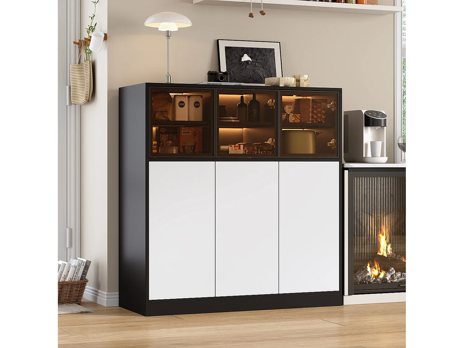 Buffet de cuisine pour salon - 100 x 40 x 105 cm - avec Leds + 3 portes vitrées + 3 portes bois - verre + aggloméré - noir + blanc