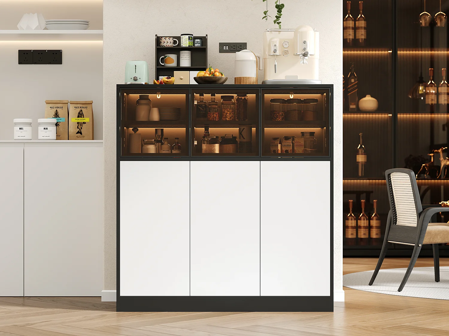 Buffet de cuisine pour salon - 100 x 40 x 105 cm - avec Leds + 3 portes vitrées + 3 portes bois - verre + aggloméré - noir + blanc