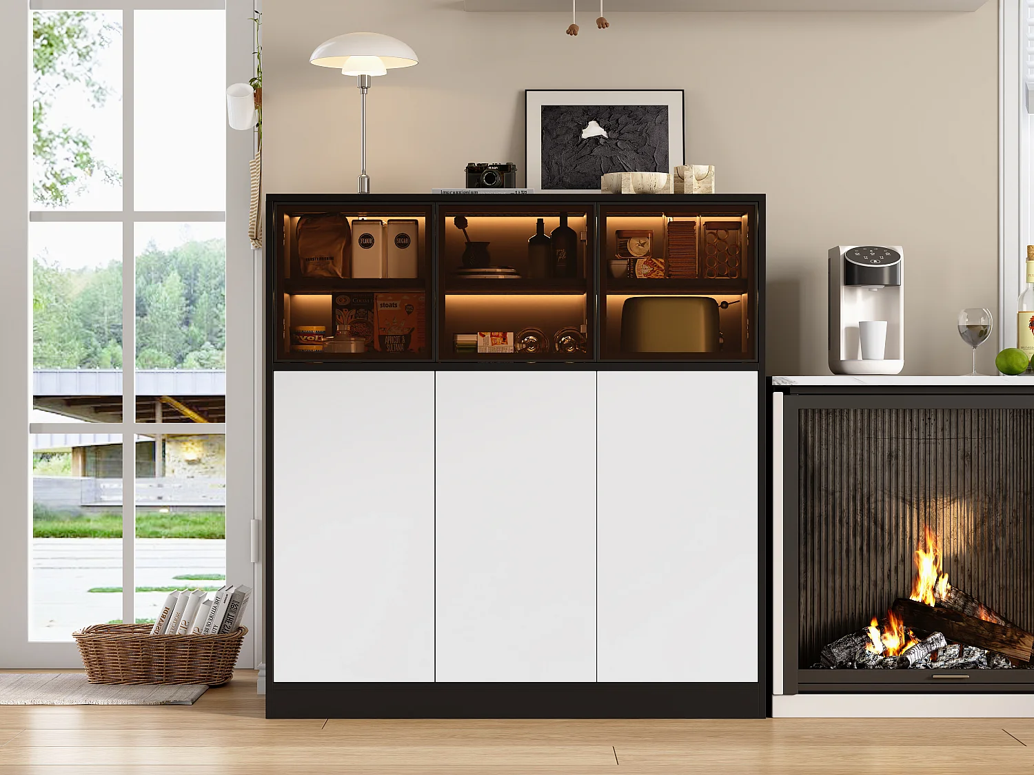 Buffet de cuisine pour salon - 100 x 40 x 105 cm - avec Leds + 3 portes vitrées + 3 portes bois - verre + aggloméré - noir + blanc