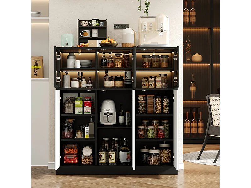 Buffet de cuisine pour salon - 100 x 40 x 105 cm - avec Leds + 3 portes vitrées + 3 portes bois - verre + aggloméré - noir + blanc