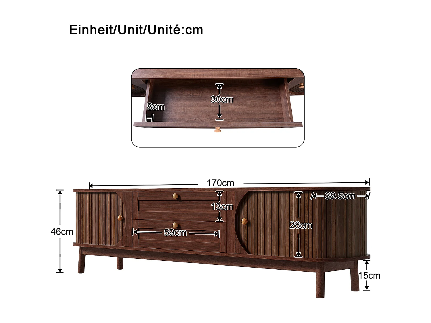 Meuble TV aspect bois - 170 x 39.5 x 46 cm - avec 2 tiroirs + 2 portes - angles arrondis - MDF - marron