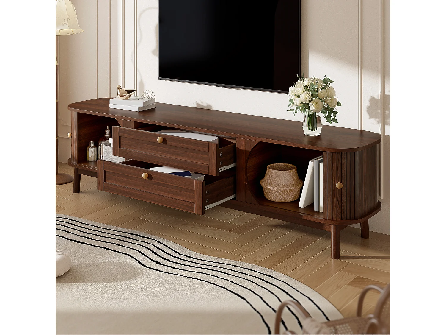 Meuble TV aspect bois - 170 x 39.5 x 46 cm - avec 2 tiroirs + 2 portes - angles arrondis - MDF - marron