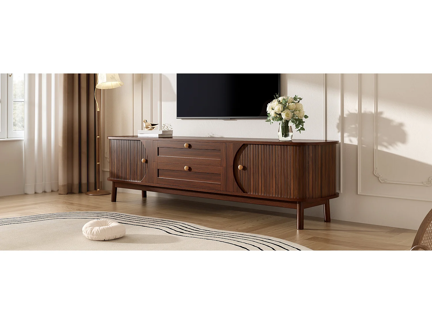 Meuble TV aspect bois - 170 x 39.5 x 46 cm - avec 2 tiroirs + 2 portes - angles arrondis - MDF - marron