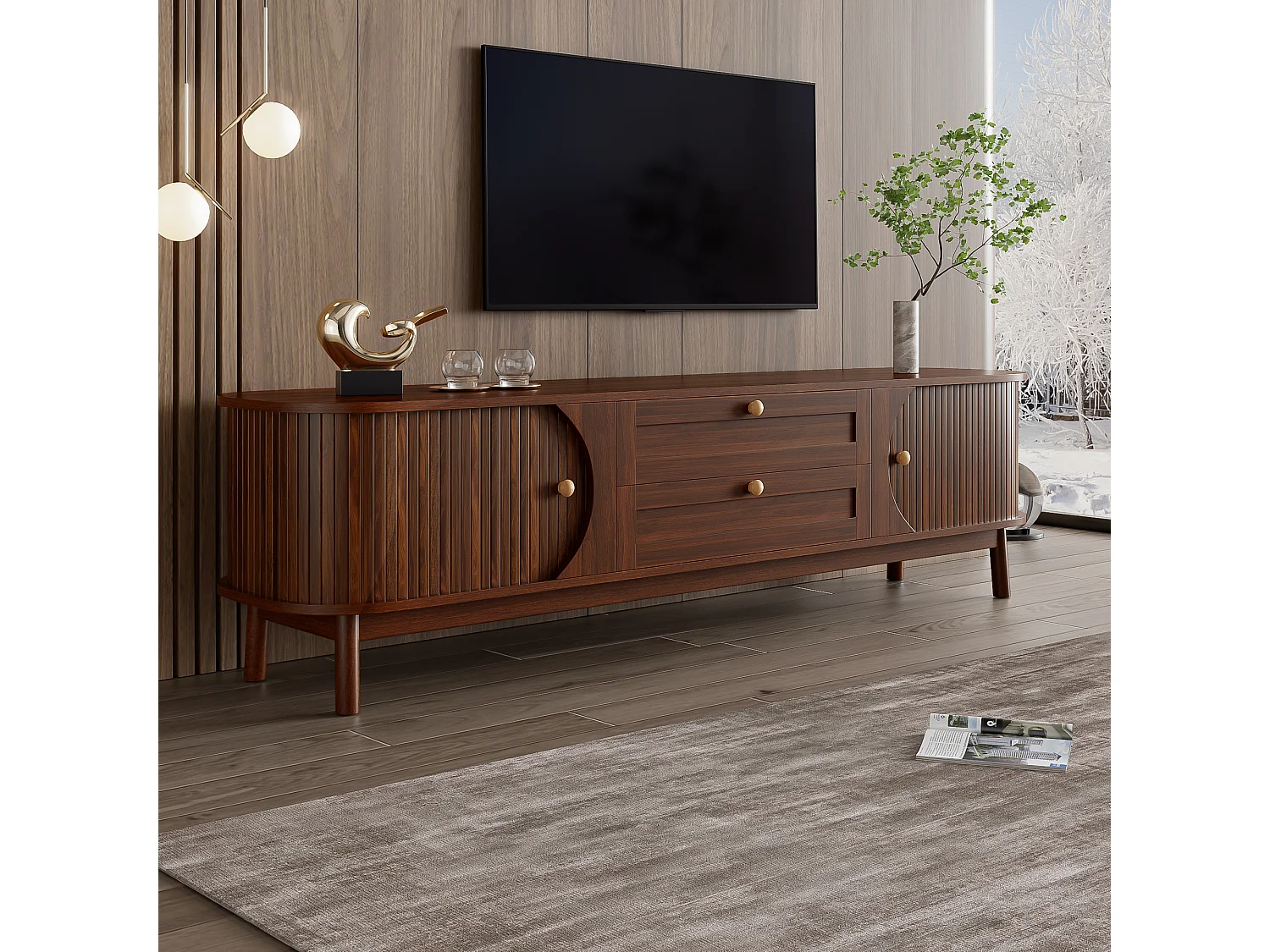 Meuble TV aspect bois - 170 x 39.5 x 46 cm - avec 2 tiroirs + 2 portes - angles arrondis - MDF - marron
