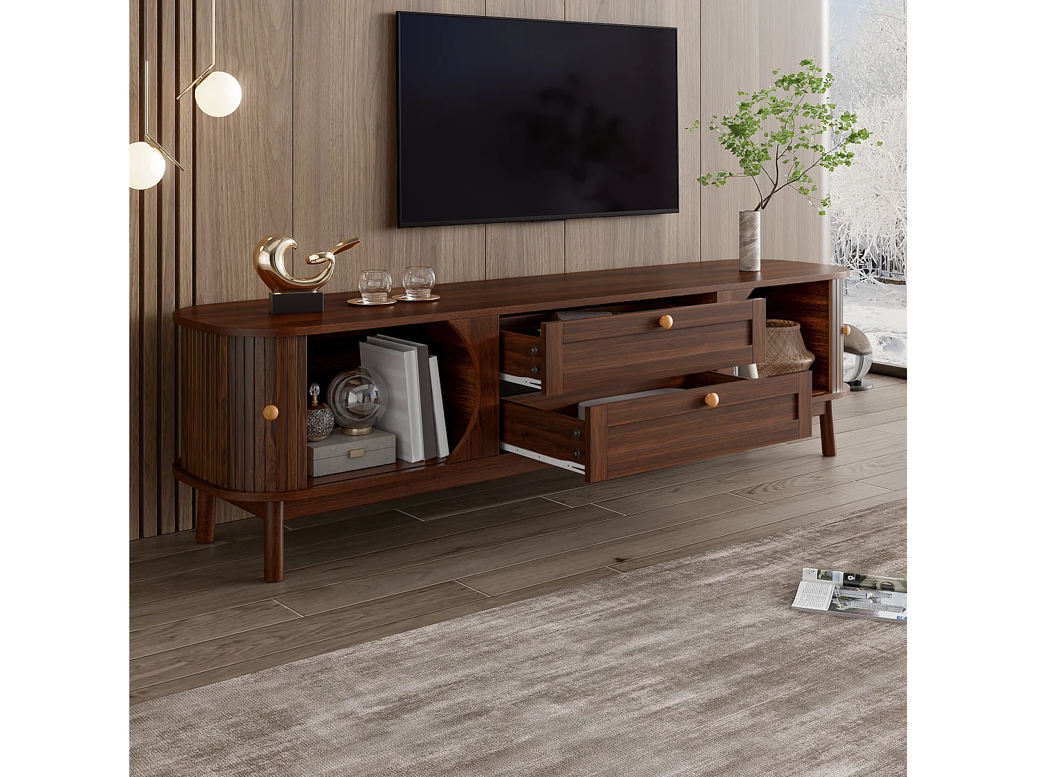 Meuble TV aspect bois - 170 x 39.5 x 46 cm - avec 2 tiroirs + 2 portes - angles arrondis - MDF - marron