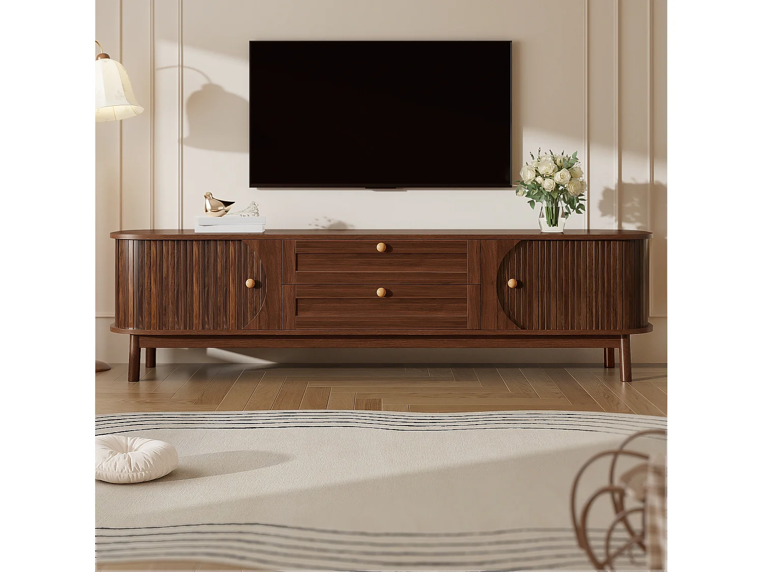 Meuble TV aspect bois - 170 x 39.5 x 46 cm - avec 2 tiroirs + 2 portes - angles arrondis - MDF - marron