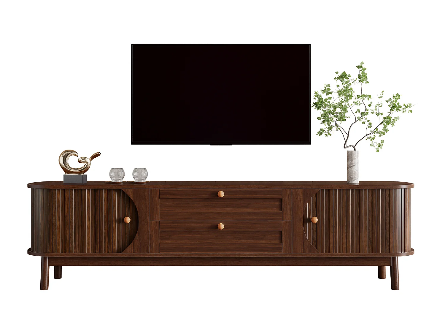 Meuble TV aspect bois - 170 x 39.5 x 46 cm - avec 2 tiroirs + 2 portes - angles arrondis - MDF - marron