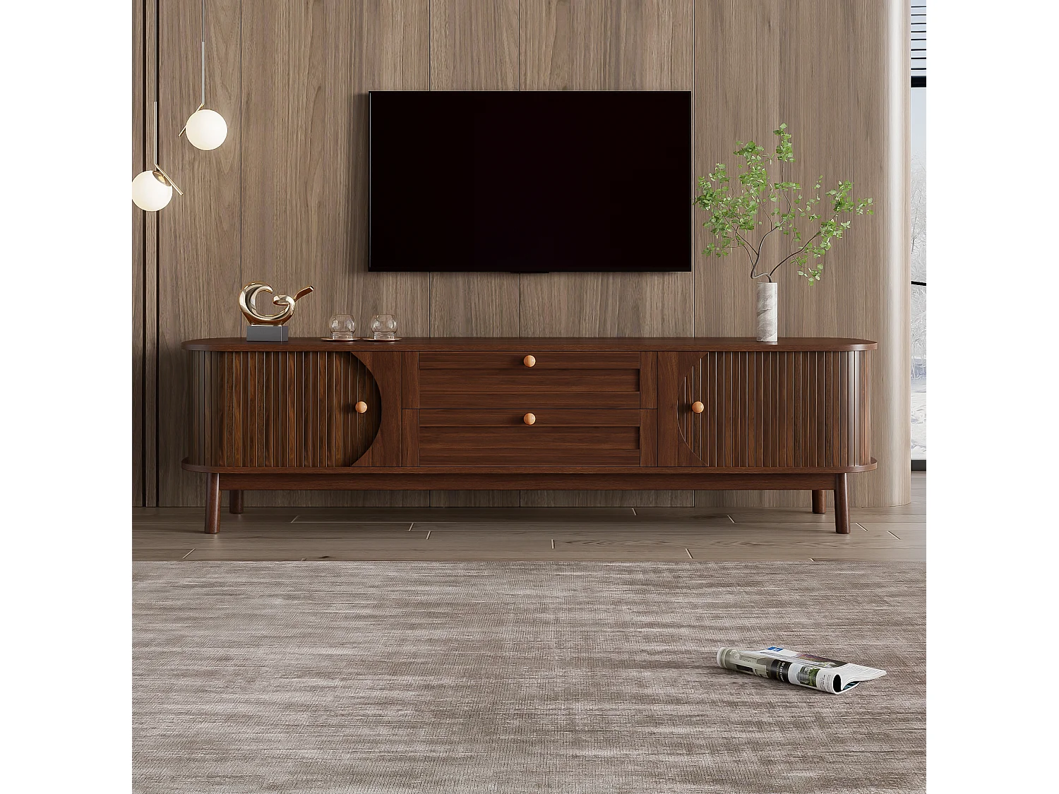 Meuble TV aspect bois - 170 x 39.5 x 46 cm - avec 2 tiroirs + 2 portes - angles arrondis - MDF - marron