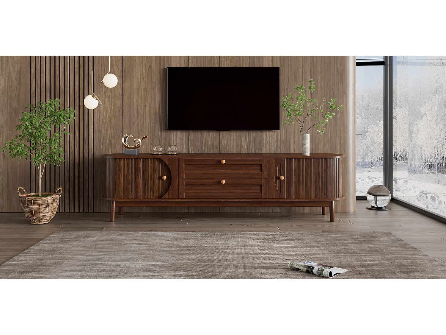 Meuble TV aspect bois - 170 x 39.5 x 46 cm - avec 2 tiroirs + 2 portes - angles arrondis - MDF - marron
